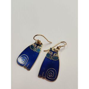 Vintage Laurel Burch 1980s Collection Olivia Cat Drop Dangle Earrings Blue Gold